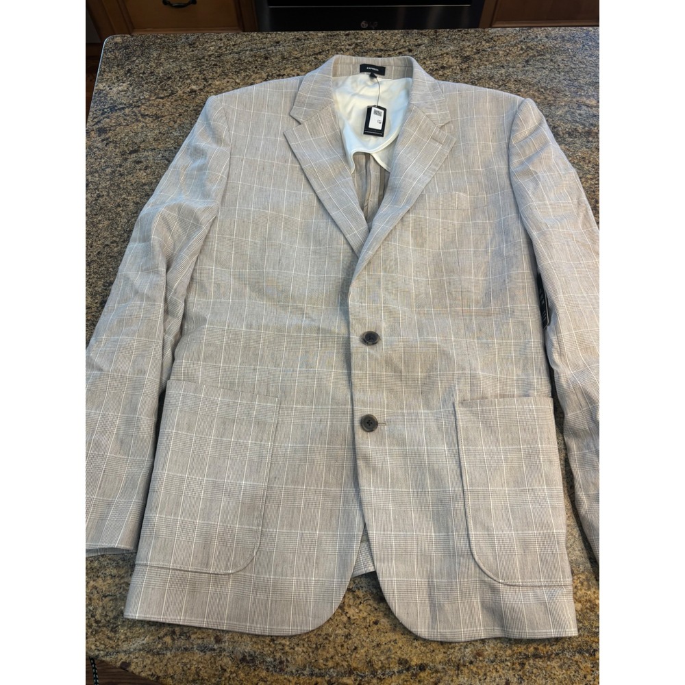 NWT Express Mens Gray Glen Plaid‎ Linen Blend Blazer Sports Coat 42R Slim 2023
